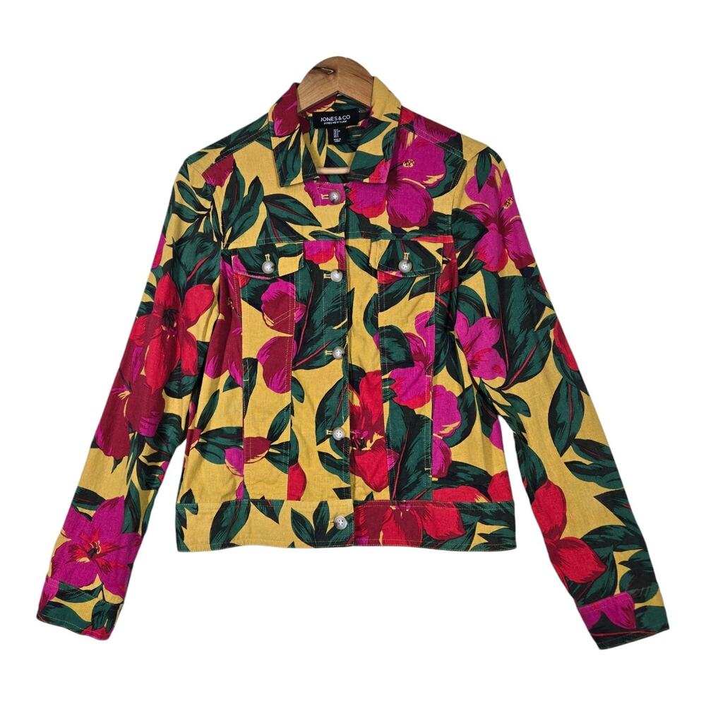Jones & Co Tropical Linen Blend Jacket sz S Multi Floral Hibiscus Resort Wear